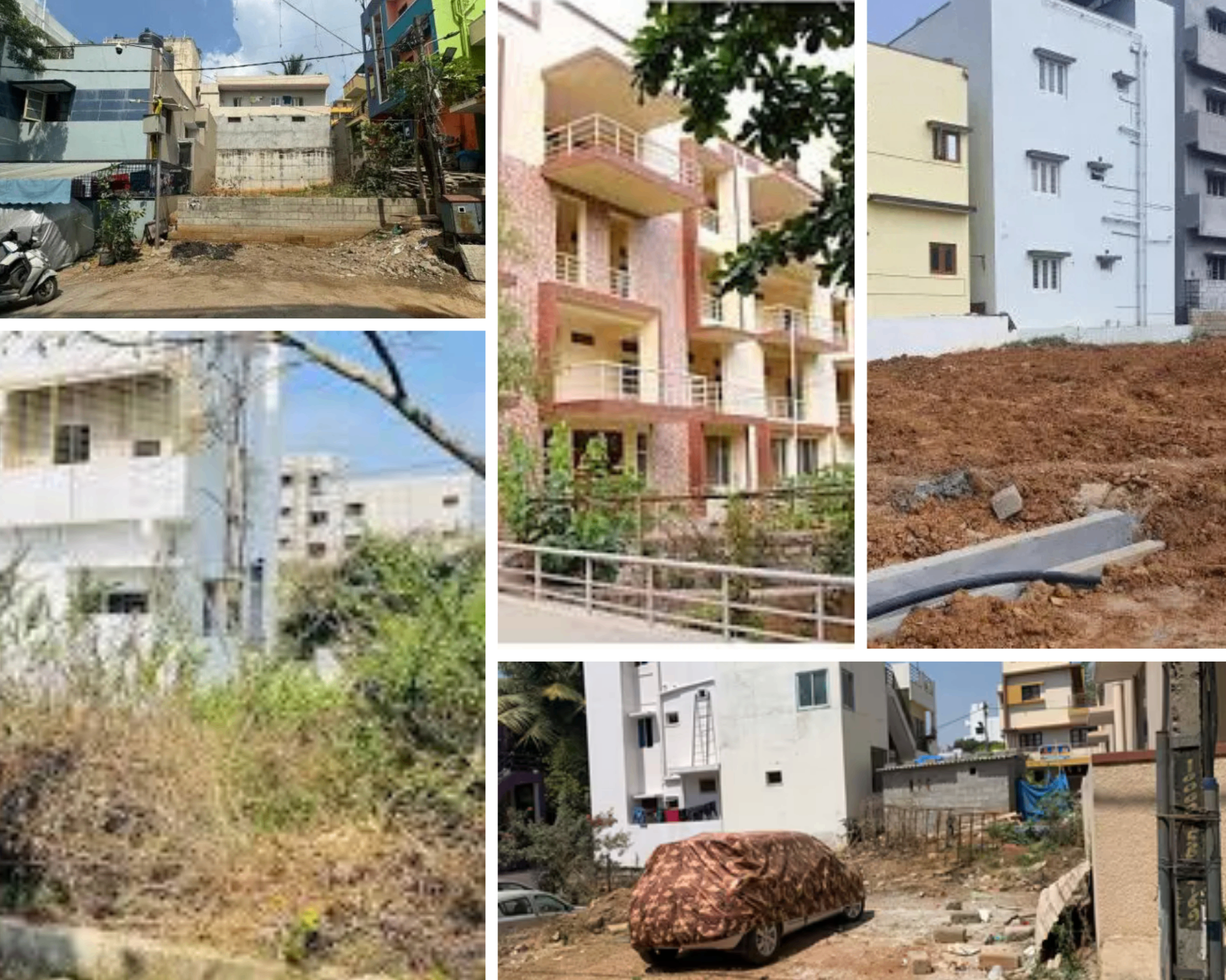 Collage of real property site visit photos from Bangalore — showing apartments, vacant plots, and neighborhood inspections
